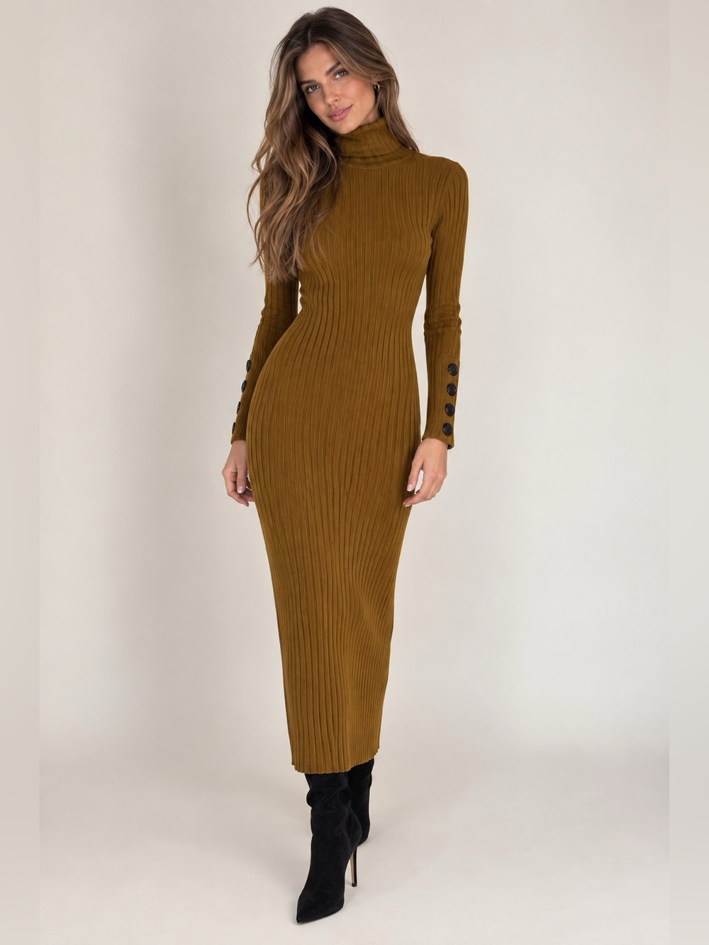 Zara Knit Ribbed Turtleneck Maxi Dress Button Cuffs Mustard Size S